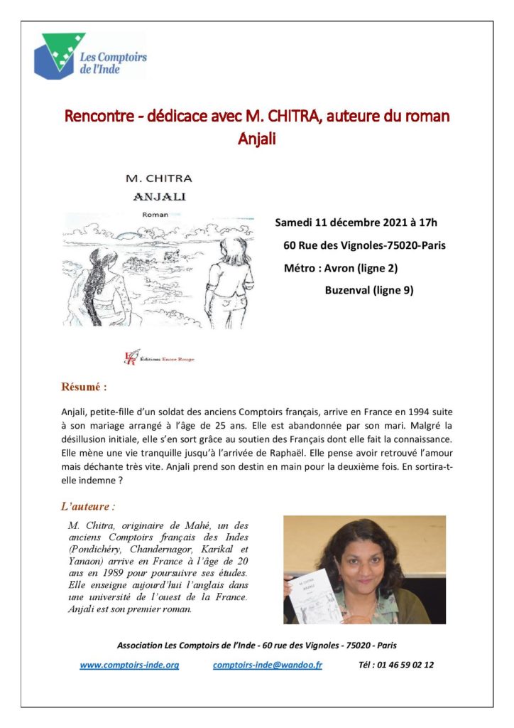 Rencontre - dédicace avec M. CHITRA, auteure du roman Anjali @ Association Les Comptoirs de l'Inde